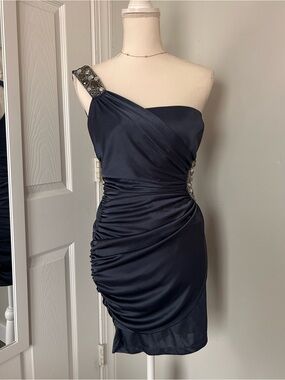 Speechless Navy One-Shoulder Cocktail Dress with Jeweled Strap